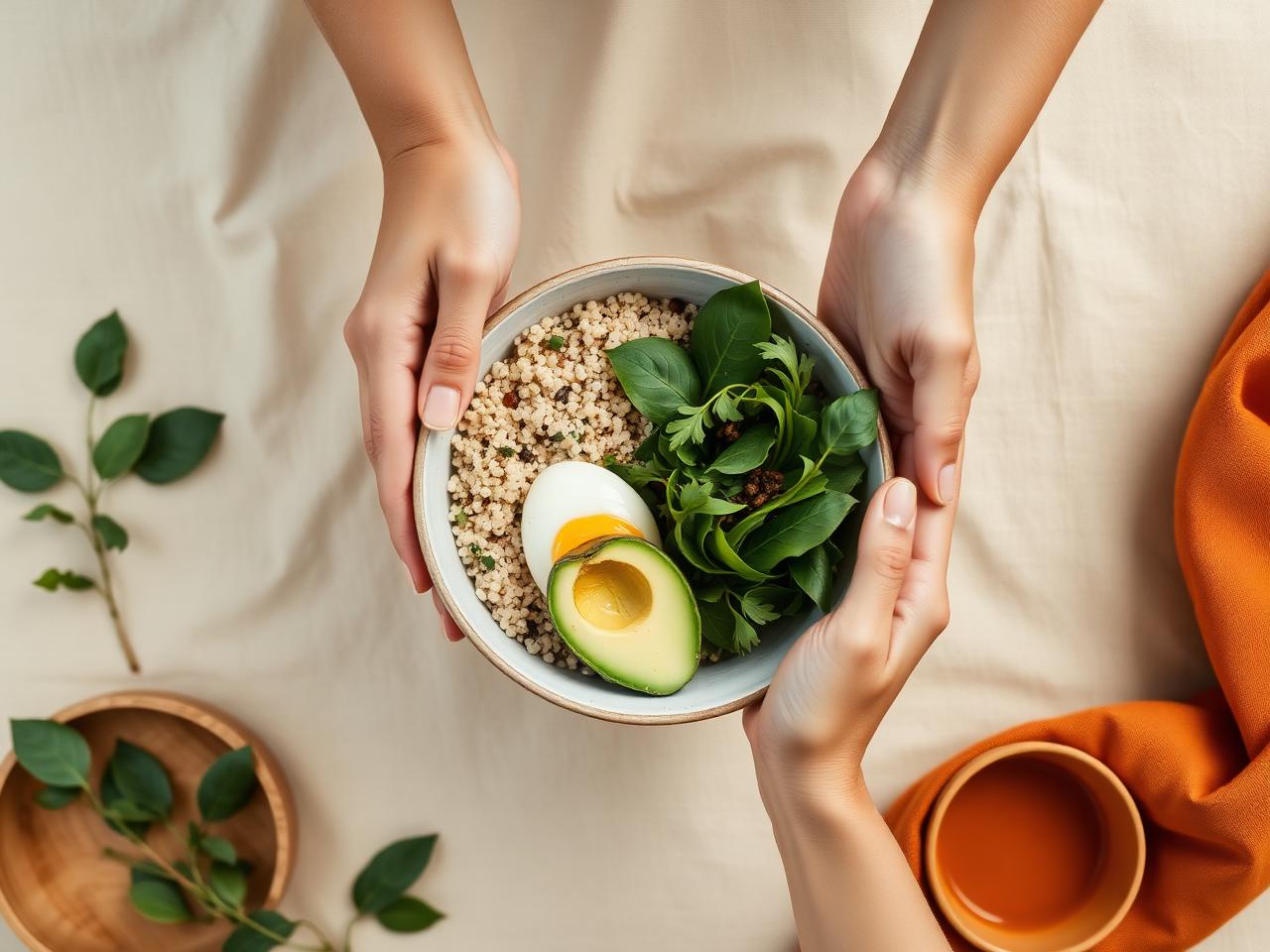Manos sosteniendo un bowl de quinoa, huevo y hojas verdes — ingredientes del Protocolo PRT