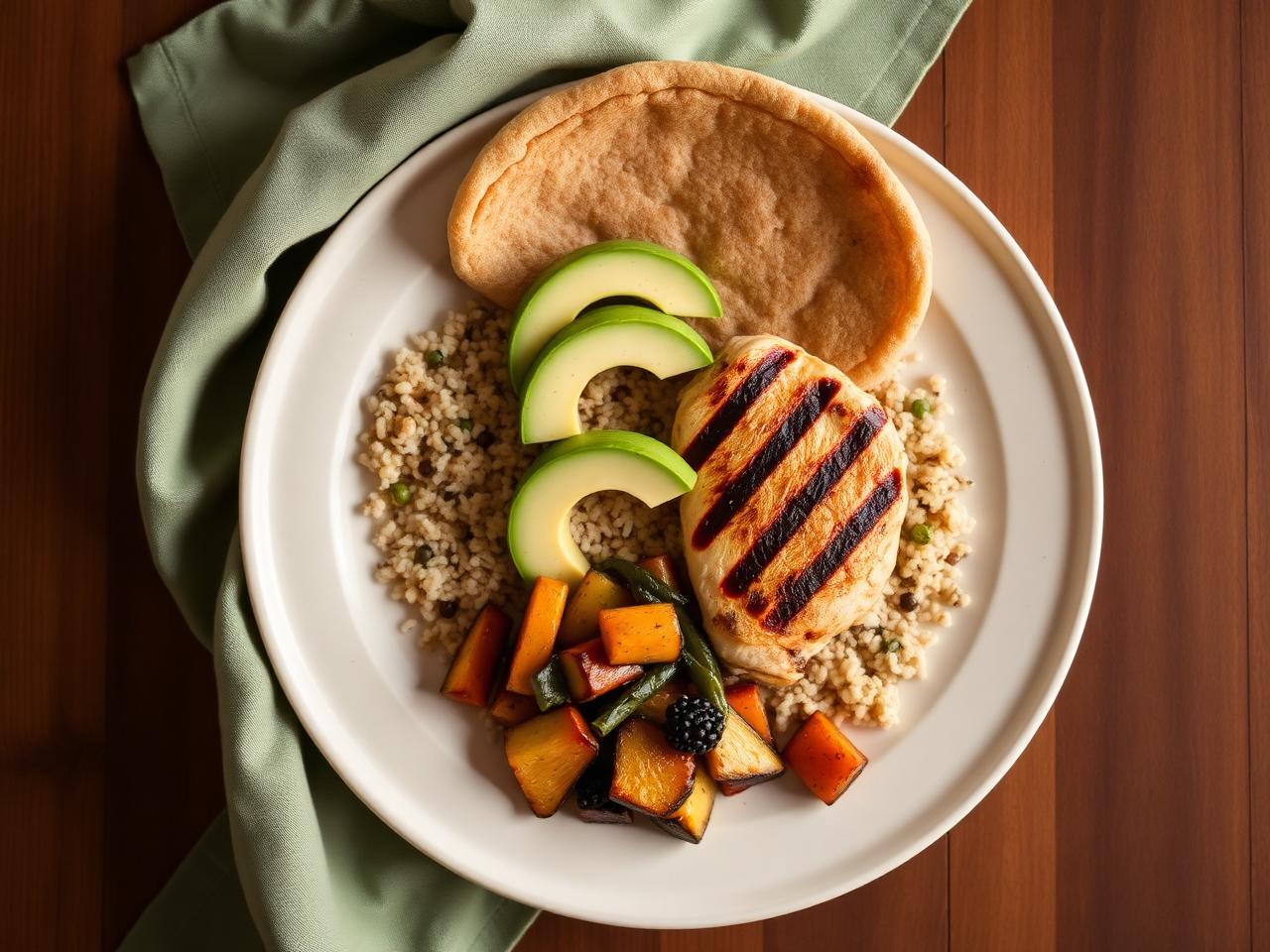 Plato de comida con pollo a la plancha, quinoa, aguacate y arepa — menú Densidad 100